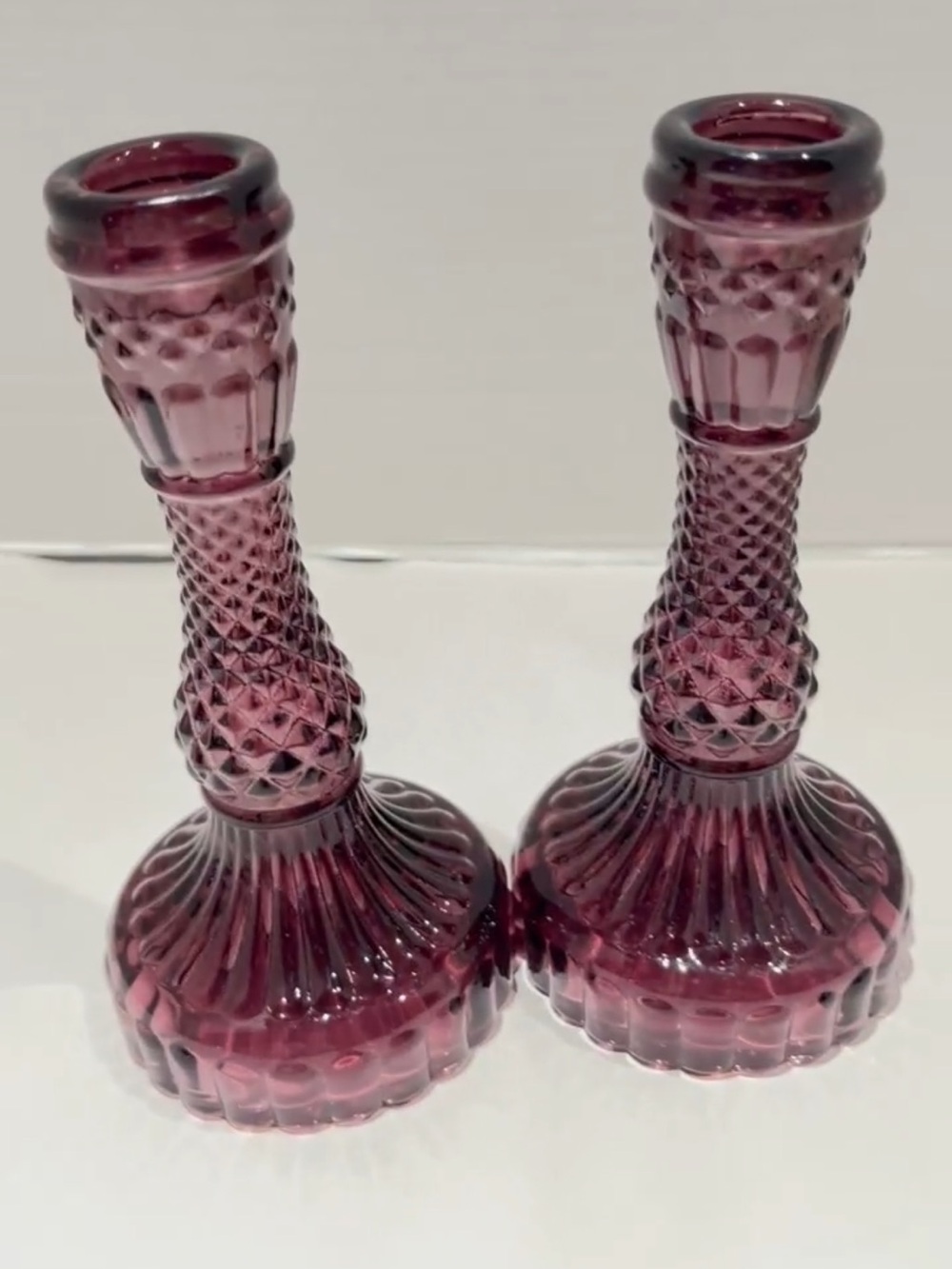 Vintage Purple / Cranberry Pressed Glass Candlesticks – Pair